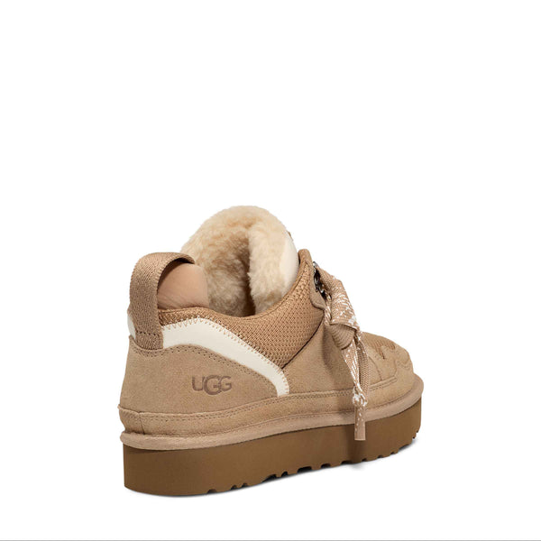Tan UGG sneaker with fur lining on a white background