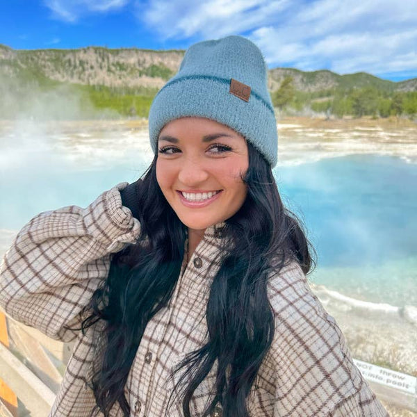 Soft Feather Yarn Striped Cuff Beanie