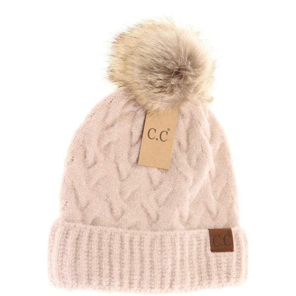 Chunky Braided Cable Knit Fur Pom Beanie