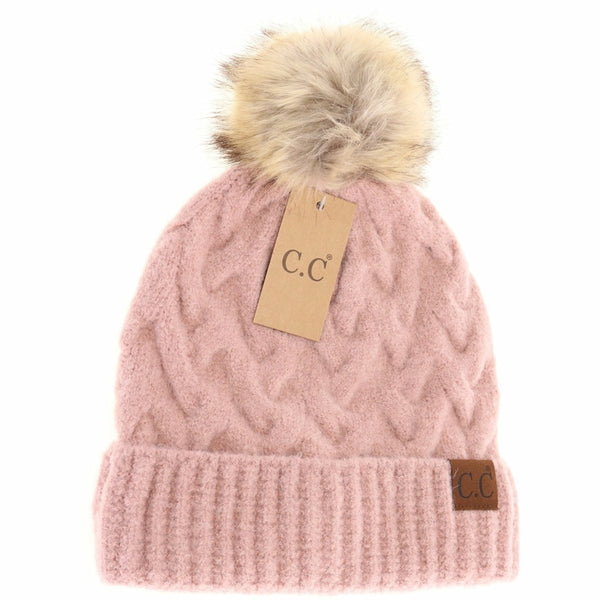 Chunky Braided Cable Knit Fur Pom Beanie