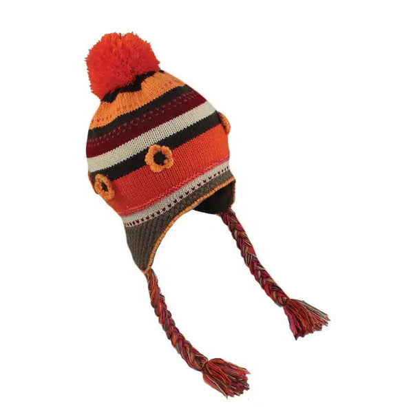 Knitted hat with colorful stripes and a pom-pom on a white background