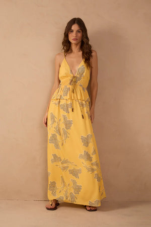 Yellow Lake Drawstring Ruffle Maxi dress
