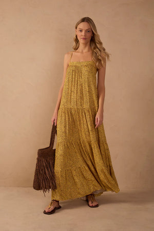 Yellow Drops Square Neck Tiered Maxi  Dress