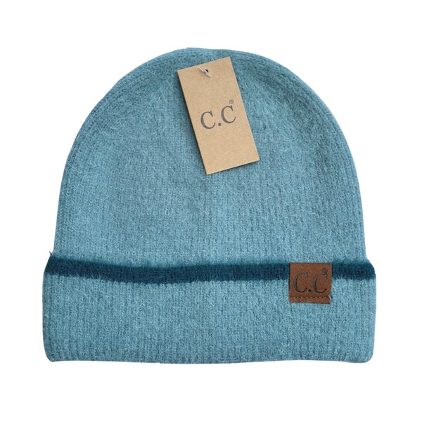 Soft Feather Yarn Striped Cuff Beanie