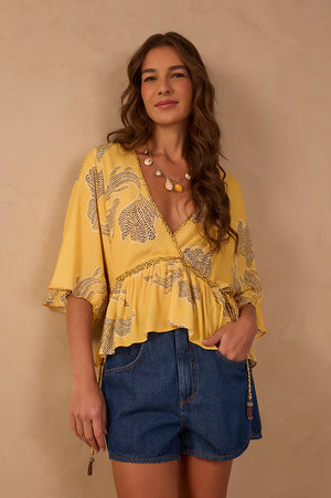 Yellow Lake Drawstring Plunging Neck Blouse