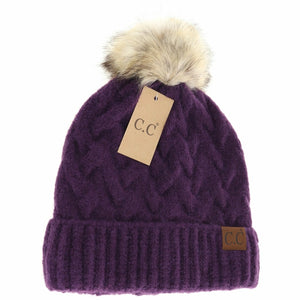 Chunky Braided Cable Knit Fur Pom Beanie