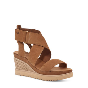 Brown wedge sandal with ankle strap and braided detail on a white background.