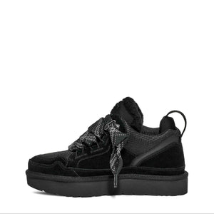 Black sneaker with unique design on a white background