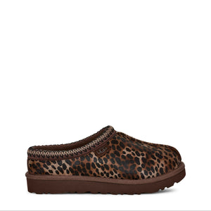 Brown slip-on shoe with leopard print pattern on a white background
