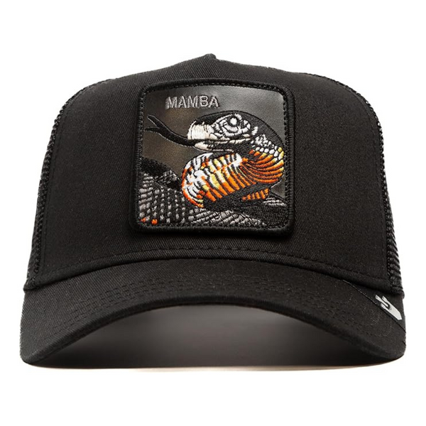 A black cap with an embroidered patch of a snake and the word "MAMBA".