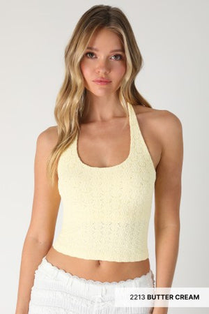 FLORAL LACE HALTER CROP TOP
