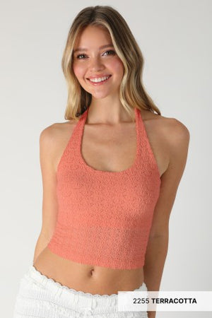 FLORAL LACE HALTER CROP TOP