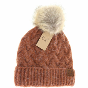 Chunky Braided Cable Knit Fur Pom Beanie