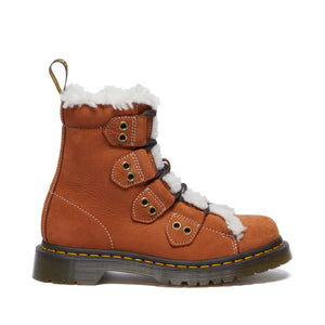 Brown winter boot with fur lining and yellow stitching on a white background.