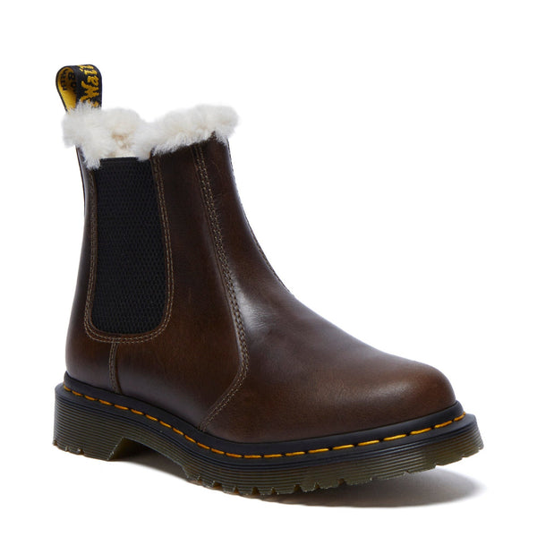 Brown leather ankle boot with elastic gusset and fluffy lining on a white background.