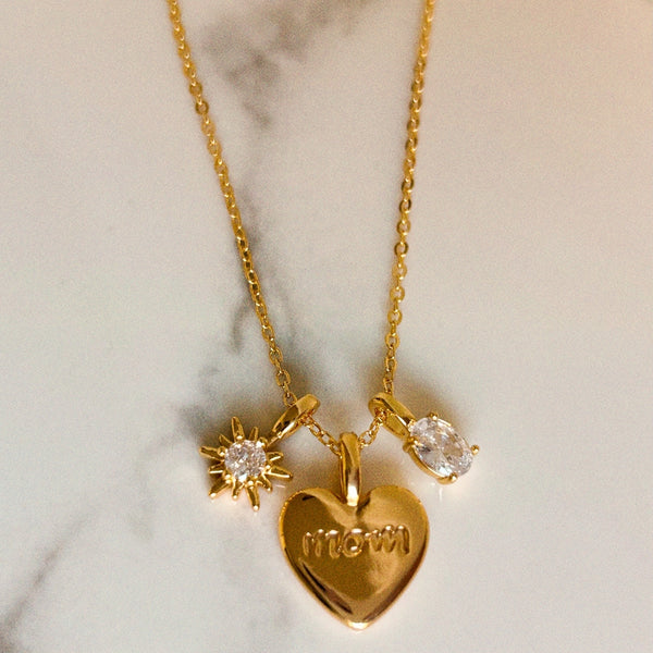 Engraved Mom Heart Multi Charm Necklace