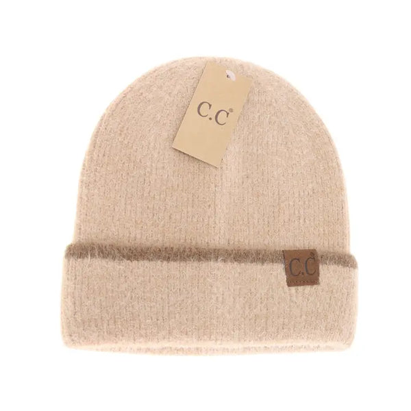 Soft Feather Yarn Striped Cuff Beanie