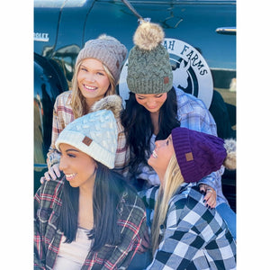 Chunky Braided Cable Knit Fur Pom Beanie