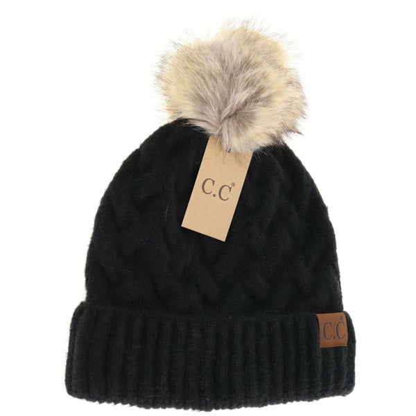 Chunky Braided Cable Knit Fur Pom Beanie