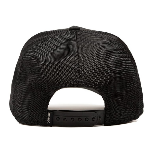 Rear view of a black mesh snapback hat with adjustable strap.