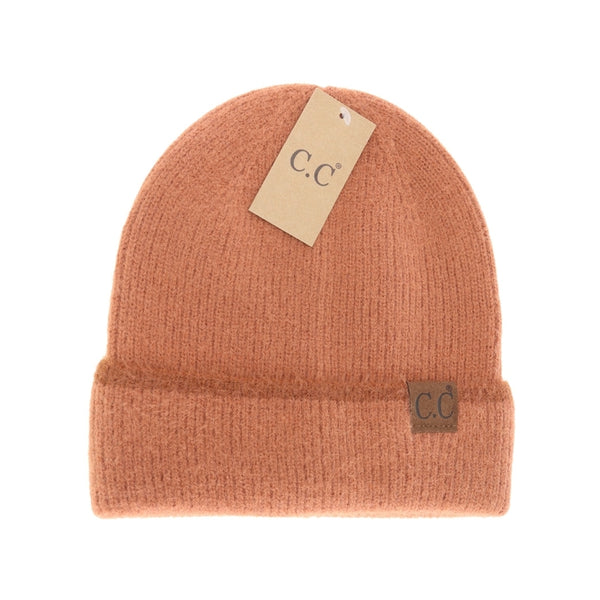 Soft Feather Yarn Striped Cuff Beanie