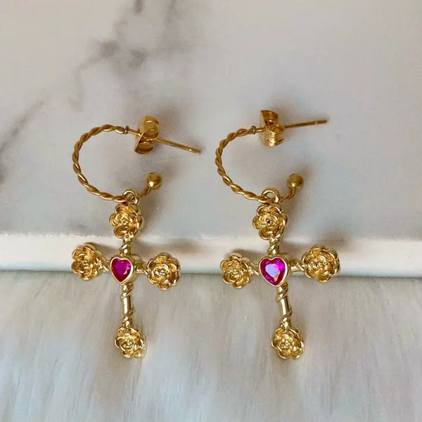 Dahlia Rose Cross Earrings