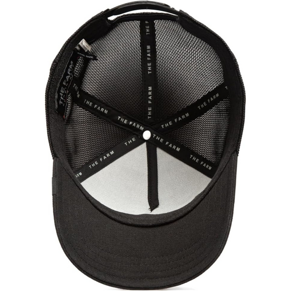 Inside view of a black baseball cap with a mesh back and branded tape on seams.