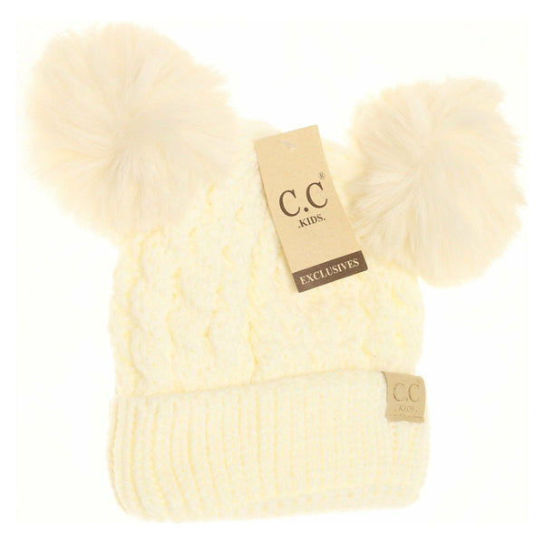 Kid's Cable Knit Double Pom Beanie