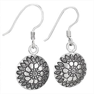 Silver floral-patterned dangle earrings on a white background.