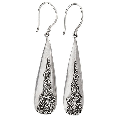 Long Granulated Silver Teardrop Earrings