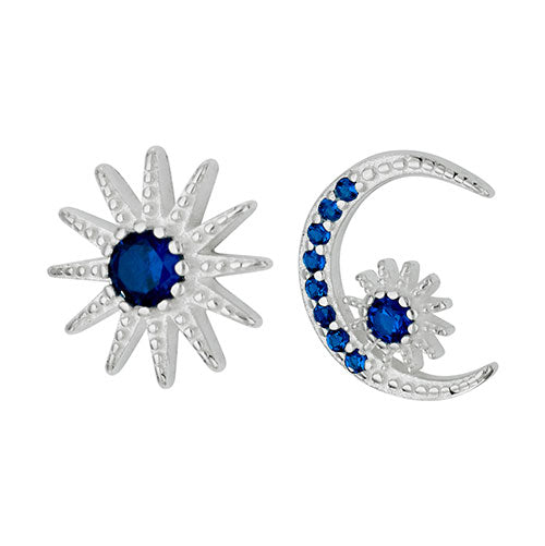 Moon & Star Blue CZ Stud Earrings