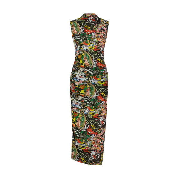 Tattoo Collage Print Mesh Maxi Dress