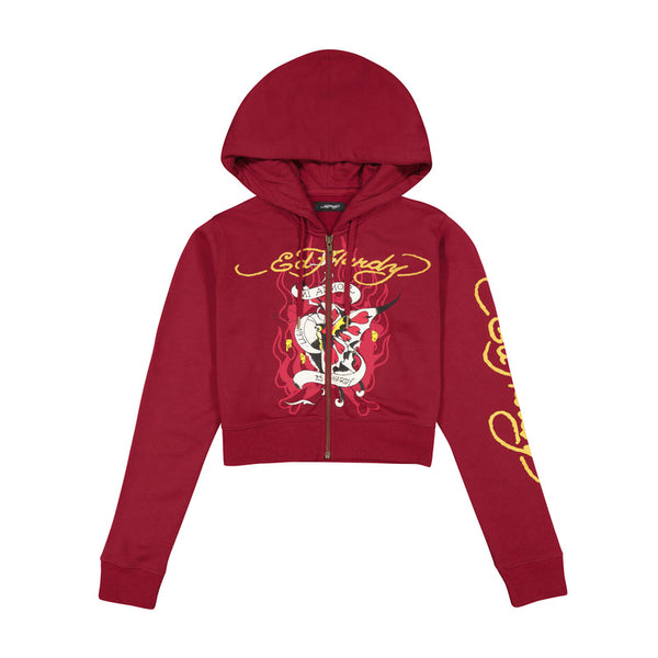 Red hoodie with graphic print and zipper on a white background.