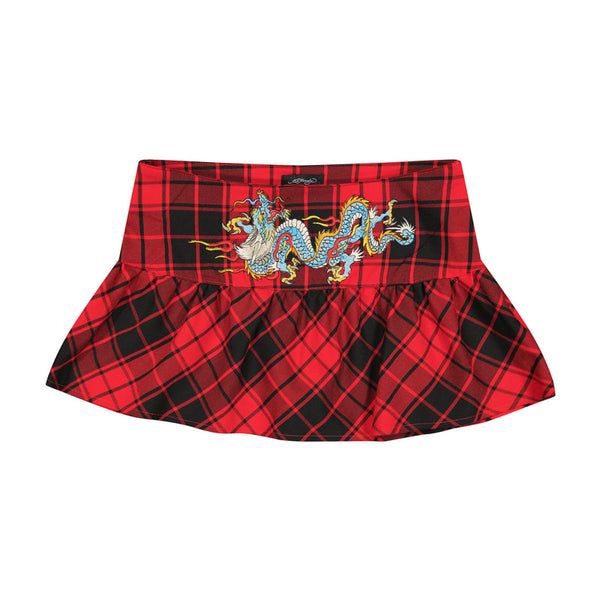 Red plaid skirt with a central embroidered dragon design on white background.