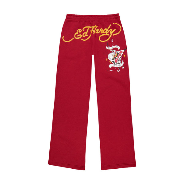 Red sweatpants with "Ed Hardy" branding and a white butterfly graphic on the left leg.