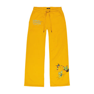 Yellow sweatpants with a drawstring and a colorful butterfly character graphic on the right leg.