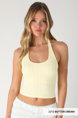 FLORAL LACE HALTER CROP TOP