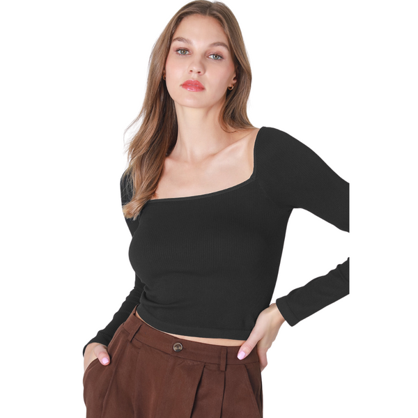 Ribbed Long Sleeve Square Neck Top