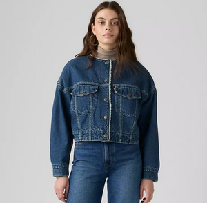 Collarless Cropped Sherpa Trucker Jacket