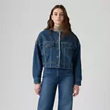 Collarless Cropped Sherpa Trucker Jacket