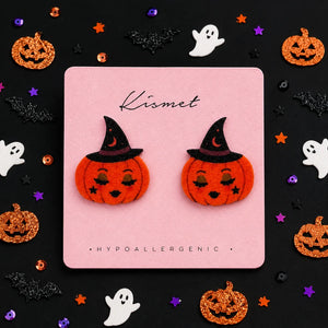 Blushing Bright Orange Pumpkin Witch Hat Stud Earrings