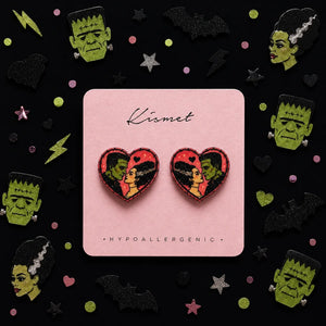 Spooky Couple Frankenstein and Bride of Frankenstein Heart Stud Earrings