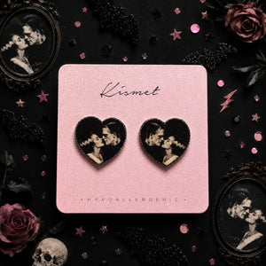 Spooky Couple Frankenstein and Bride of Frankenstein Vintage Heart Portrait Stud Earrings