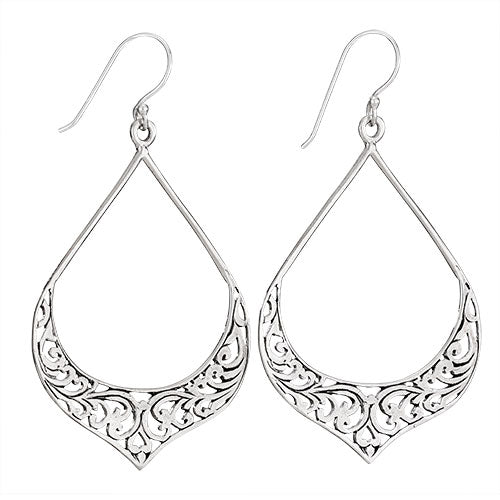 Silver filigree teardrop-shaped earrings on a white background.