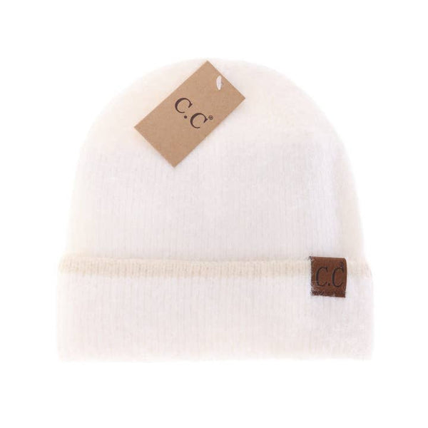 Soft Feather Yarn Striped Cuff Beanie