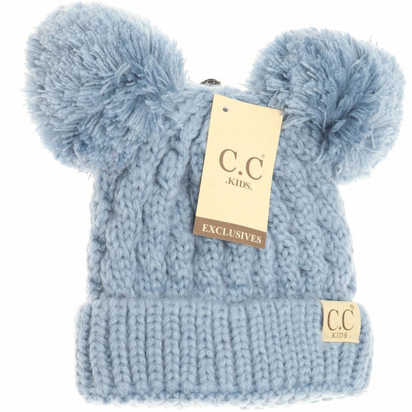 Kid's Solid Knit Double Pom Beanie