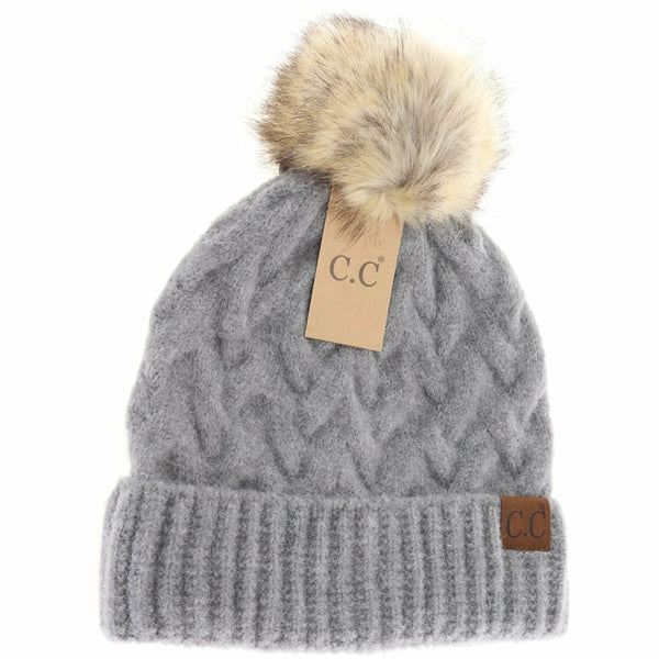 Chunky Braided Cable Knit Fur Pom Beanie