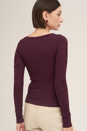 Floral Lace Yoke Ribbed Top