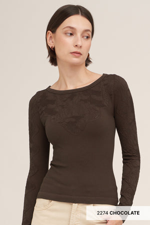 Floral Lace Yoke Ribbed Top