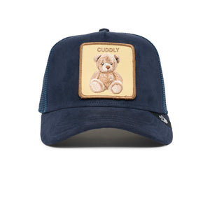 Navy blue baseball cap with an embroidered patch featuring a cute teddy bear and the word 